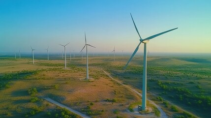 Obraz premium Aerial view of wind turbines in a field.
