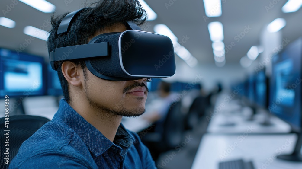 Poster software developer wearing vr headset in modern office environment