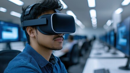 Software developer wearing vr headset in modern office environment