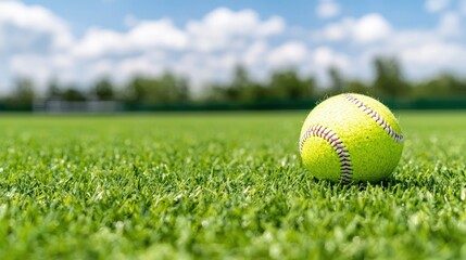 Softball on green grass field under blue sky.