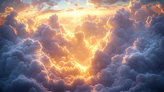 Golden sunset light bursts through fluffy cloudscape.