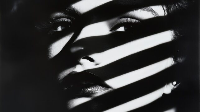 Mysterious woman in striped shadows with noir aesthetic