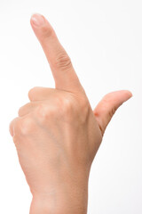 A hand gestures against a white background, with the index finger extended in a pointing motion. The other fingers are slightly curled, and the thumb is positioned outward.