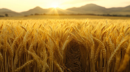 Naklejka premium Golden wheat field at sunset with mountains.