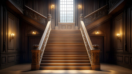 Fototapeta premium Grand, ornate wooden staircase in a dark, elegant interior with a large window at the top.