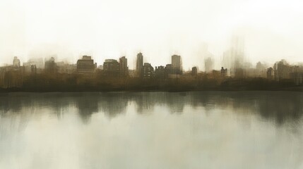 Fototapeta premium Softly Blurred City Skyline Reflection in Tranquil Water Under Overcast Skies, Evoking a Sense of Mystery and Calmness in an Urban Environment