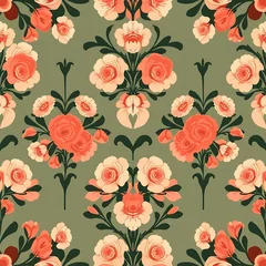 Fotobehang Floral Damask Seamless Pattern: Elegant coral and peach roses on a sage green background. Perfect for textile design, wallpaper, and various print applications.   © Michel