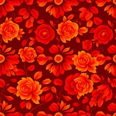 Red Roses Seamless Pattern: A vibrant and classic floral design, featuring a delicate arrangement of red and orange roses with green leaves on a deep red background.