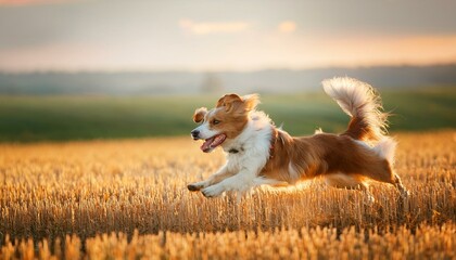 Adorable energetic dog running through a grassy field with a shallow depth of field