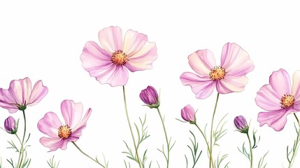 Delicate pink cosmos flowers in full bloom, showcasing soft petals and vibrant yellow centers on a clean white background.