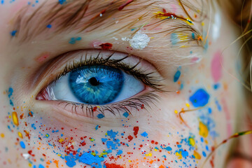 Closeup of a face with blue eyes and colorful splotches, artistic abstract representation.