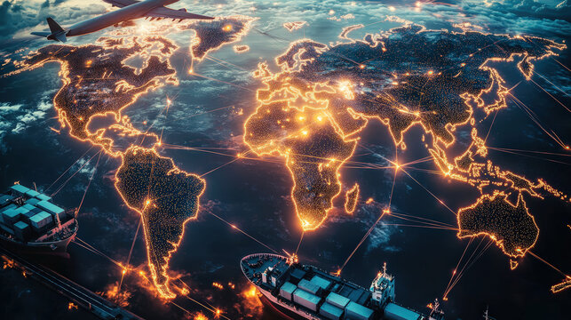 A glowing map of global trade routes featuring an airplane and cargo ship, symbolizing international commerce and connectivity