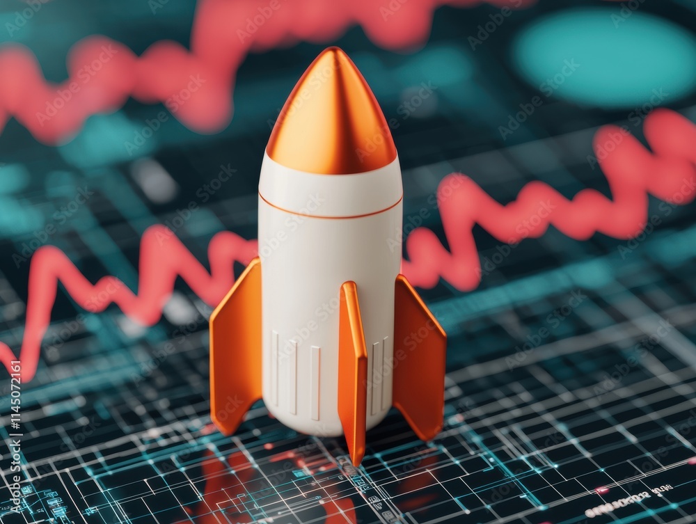 Poster rocket launch symbolizing new product on futuristic market analysis screen