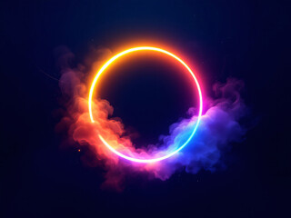 Obraz premium Vibrant neon circle glowing with radiant colors against a dark, mystical background.