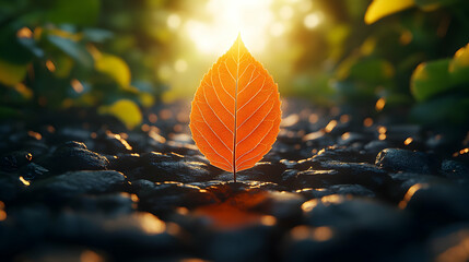 Single orange leaf illuminated by sunlight on dark pebbles.