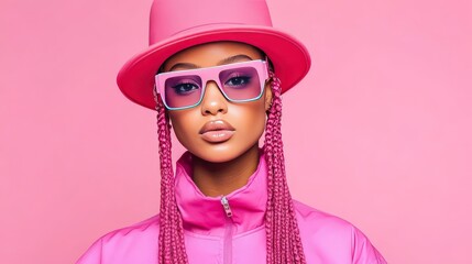 Stylish young woman in a striking pink outfit and hat posing confidently against a vibrant pink backdrop exuding boldness individuality and high-energy contemporary fashion