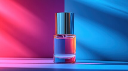 A vibrant nail polish bottle against a colorful backdrop, emphasizing beauty and style.