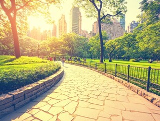 Obraz premium A sunlit pathway through a park with city skyscrapers in the background.