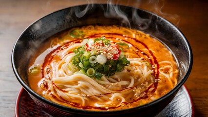 Steaming Tantanmen Bowl with Spicy Broth and Fresh Toppings