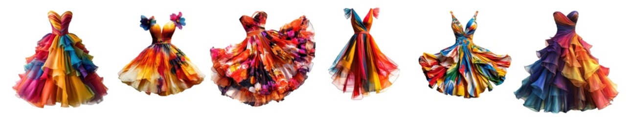 Vibrant Multicolor Dresses: Artistic Gowns and Statement Fashion for Evening and Formal Events PNG Icon on transparent background