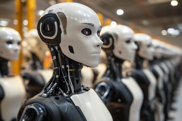 Fototapeta premium many humanoid robots, blank sleek faces, factory like background