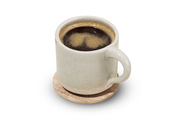 A rustic ceramic mug filled with freshly brewed black coffee, resting on a wooden coaster. The smooth, earthy texture of the mug complements the rich, dark tones of the coffee.