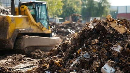 Fototapeta premium Bulldozer moving pile of dirt and debris at construction site.