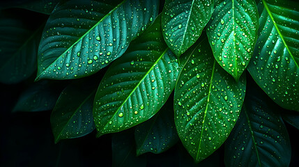 Fototapeta premium Lush green leaves with water droplets, dark background.