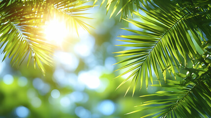 Obraz premium Lush green palm leaves backlit by bright sunlight.