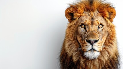 Obraz premium A majestic lion with a detailed mane, gazing directly at the viewer against a plain backdrop.