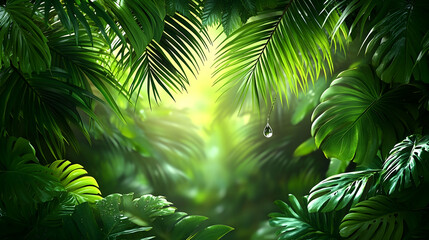 Obraz premium Lush green tropical rainforest foliage with sunlight and dewdrop.