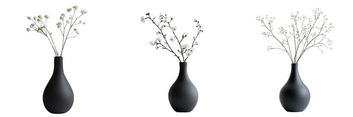 set of A Black matte vase with small flowers, PNG format Transparent Background  © Wajed Creative