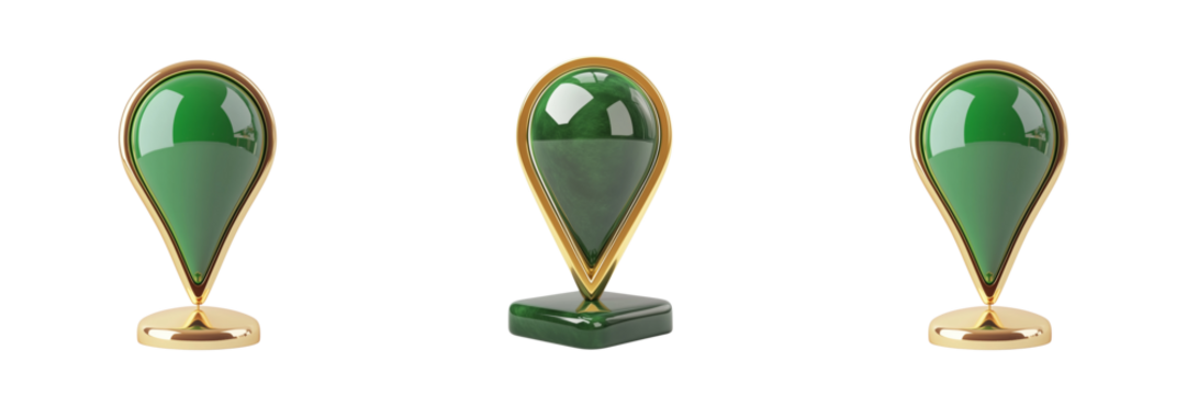 set of A green location pin icon with a gold rim, standing on its base, against , PNG format Transparent Background - Powered by Adobe