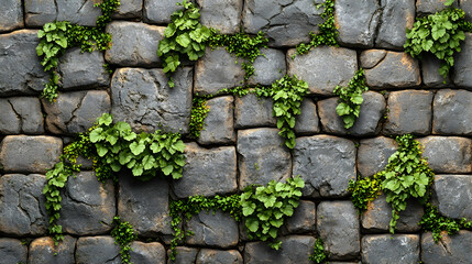 Obraz premium Stone wall texture with green plants growing in the cracks.