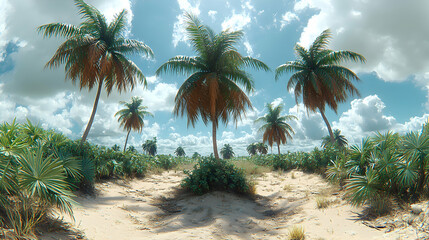 Obraz premium Lush tropical beach landscape with palm trees, sand, and vegetation under a partly cloudy sky.