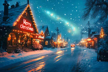 Magical Christmas street scene with illuminated houses and falling snow at night - Small town festive decorations creating cozy winter wonderland atmosphere