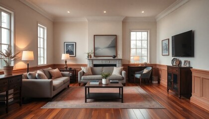 Fototapeta premium A townhouse living room with elegant wooden skirting boards, soft lighting, and tasteful decor for a peaceful and refined ambiance