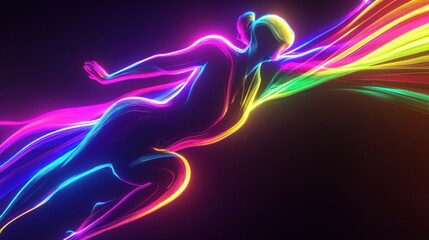 Abstract colorful female figure in dynamic pose, glowing lines.