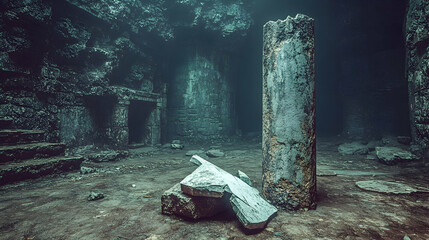 Sunken temple ruins underwater, mysterious ancient architecture.
