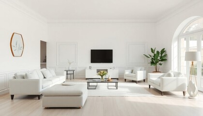 Fototapeta premium A minimalist villa living room with smooth white skirting boards, clean lines, and soft pastel-colored furniture for a light