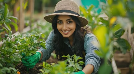 Portrait of Beautiful Indian Woman Wearing Hat and Gardening Gloves