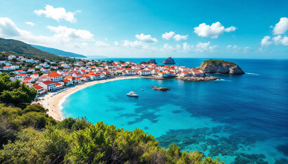 Obraz premium Coastal village with colorful houses along sandy beach and clear blue water during a sunny day