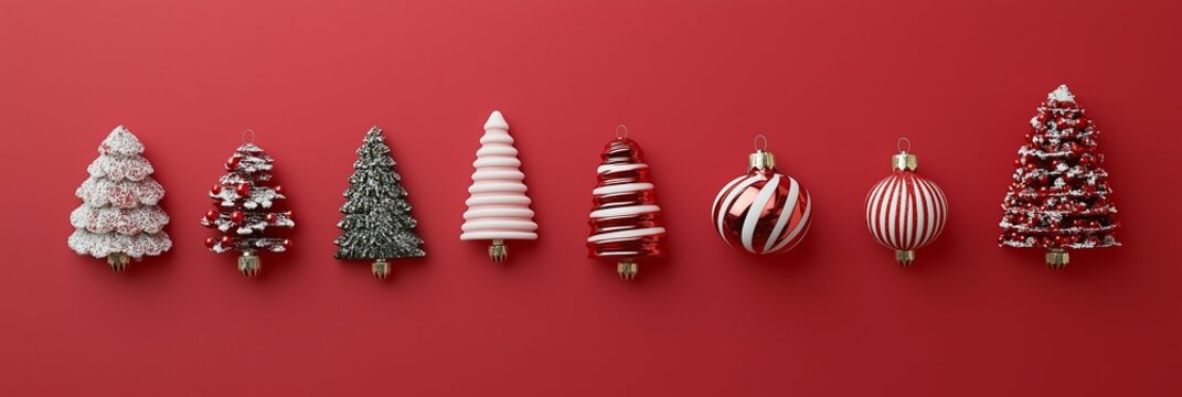 A collection of decorative trees showcasing red and silver elements, perfect for holiday inspirations.