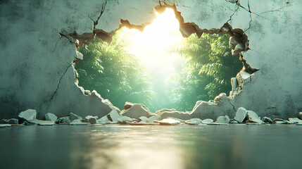 Sunlit jungle seen through a hole in a broken concrete wall.