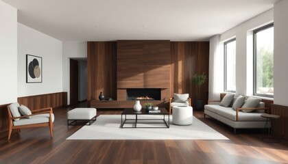 Fototapeta premium A modern villa living room with dark wood skirting boards, clean lines, and minimalist furniture that enhances the space�s openness and lightness