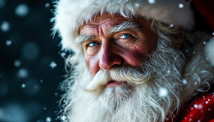 Santa Claus with a warm expression during a snowy winter scene captures the spirit of the holiday season