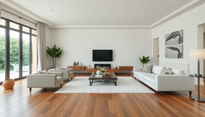 Fototapeta premium A contemporary villa living room with polished wooden skirting boards, sleek contemporary furniture, and a neutral color palette for a calm space