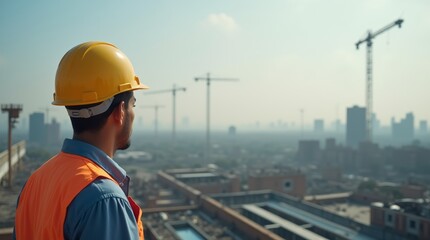 Um trabalhador da construção civil, de costas, olhando em direção à sua obra