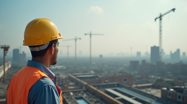 Um trabalhador da constru&ccedil;&atilde;o civil, de costas, olhando em dire&ccedil;&atilde;o &agrave; sua obra