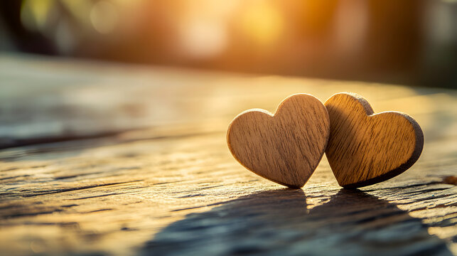 A pair of wooden hearts resting on a rustic table illuminated by sunlight.